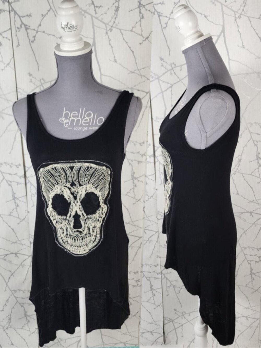 Sirens Black Stretch Jersey Skull Embroidered High Low Tank